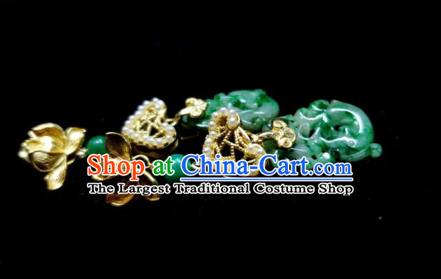 Handmade Chinese Qing Dynasty Court Woman Eardrop Cheongsam Ear Accessories National Jade Carving Dragon Earrings Traditional Lotus Ear Jewelry