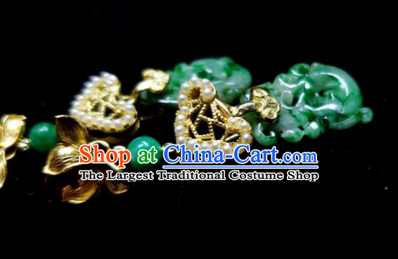 Handmade Chinese Qing Dynasty Court Woman Eardrop Cheongsam Ear Accessories National Jade Carving Dragon Earrings Traditional Lotus Ear Jewelry