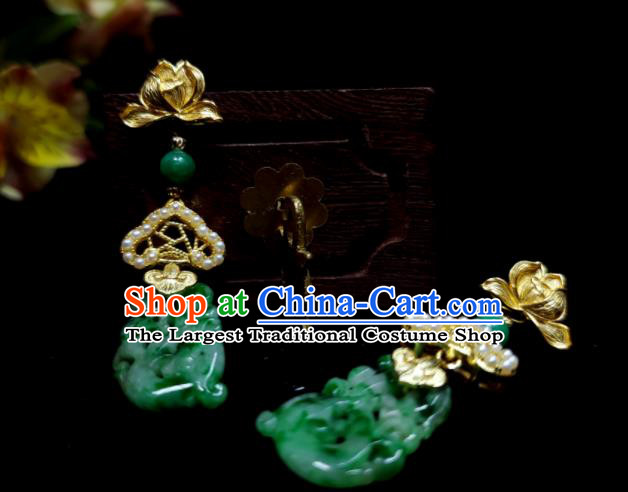 Handmade Chinese Qing Dynasty Court Woman Eardrop Cheongsam Ear Accessories National Jade Carving Dragon Earrings Traditional Lotus Ear Jewelry