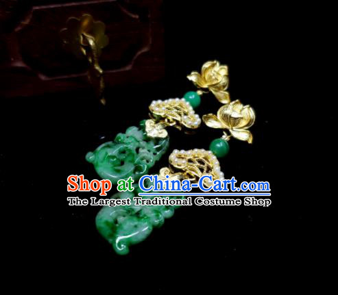 Handmade Chinese Qing Dynasty Court Woman Eardrop Cheongsam Ear Accessories National Jade Carving Dragon Earrings Traditional Lotus Ear Jewelry