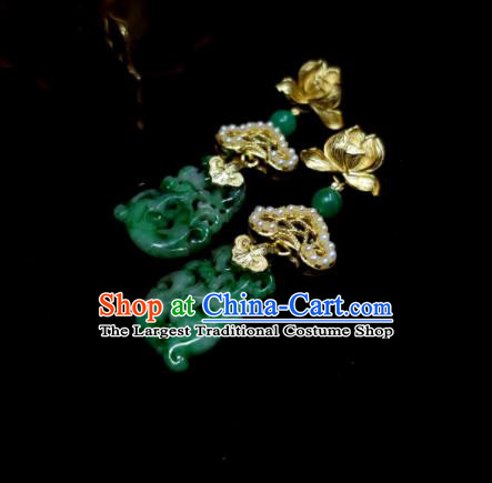 Handmade Chinese Qing Dynasty Court Woman Eardrop Cheongsam Ear Accessories National Jade Carving Dragon Earrings Traditional Lotus Ear Jewelry