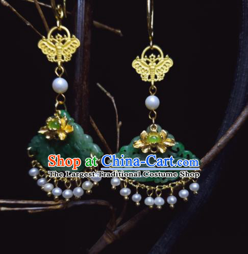 Handmade Chinese Cheongsam Ear Jewelry Jadeite Ear Accessories National Golden Lotus Earrings Traditional Pearls Eardrop