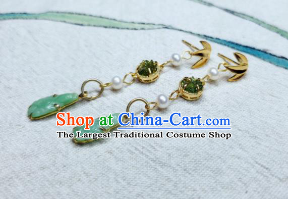 Handmade Chinese National Jadeite Earrings Traditional Ear Jewelry Golden Bamboo Leaf Eardrop Cheongsam Ear Accessories