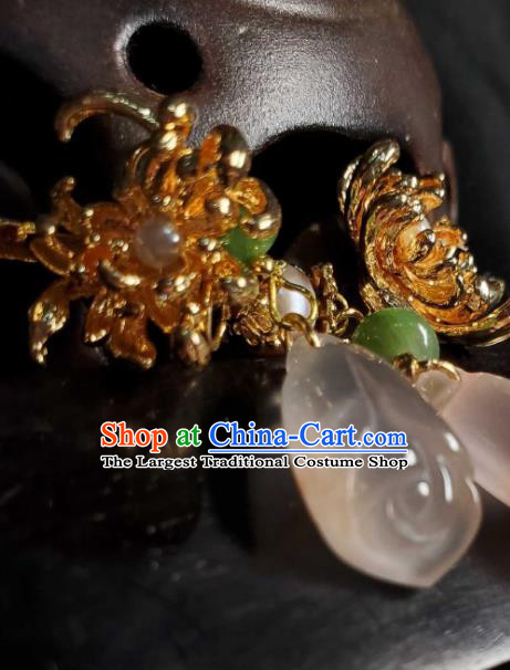 Handmade Chinese National Mangnolia Earrings Traditional Jade Eardrop Cheongsam Ear Jewelry Golden Chrysanthemum Ear Accessories