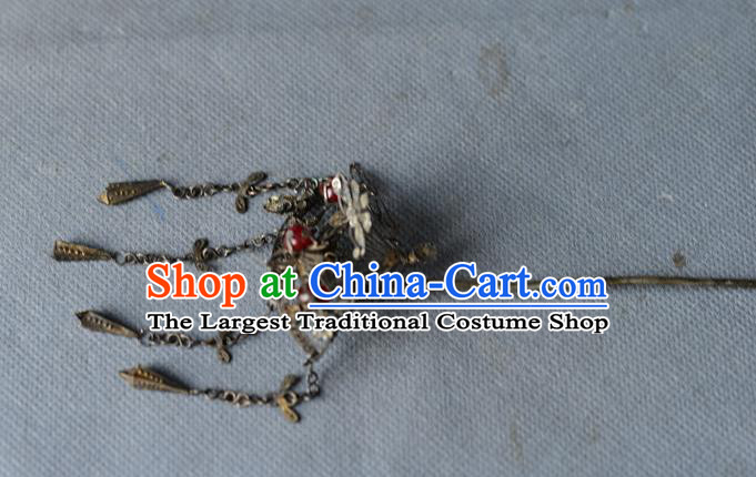 Chinese Traditional Tassel Hair Accessories Handmade Qing Dynasty Silver Hair Stick Ancient Princess Gems Hairpin