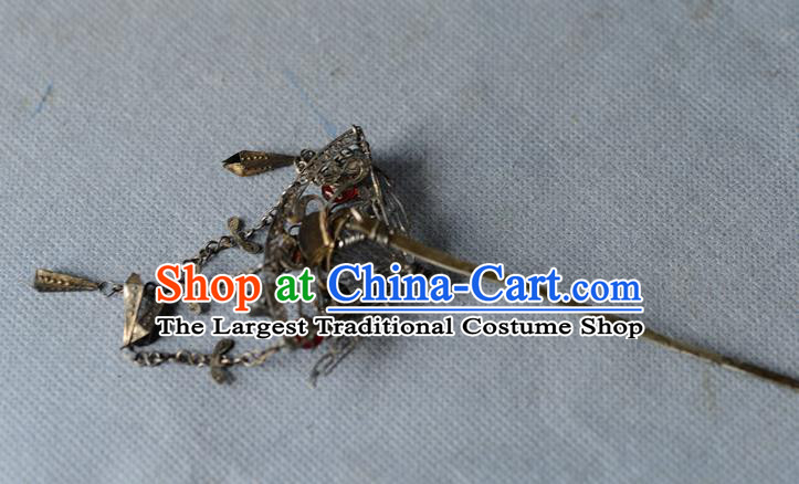 Chinese Traditional Tassel Hair Accessories Handmade Qing Dynasty Silver Hair Stick Ancient Princess Gems Hairpin