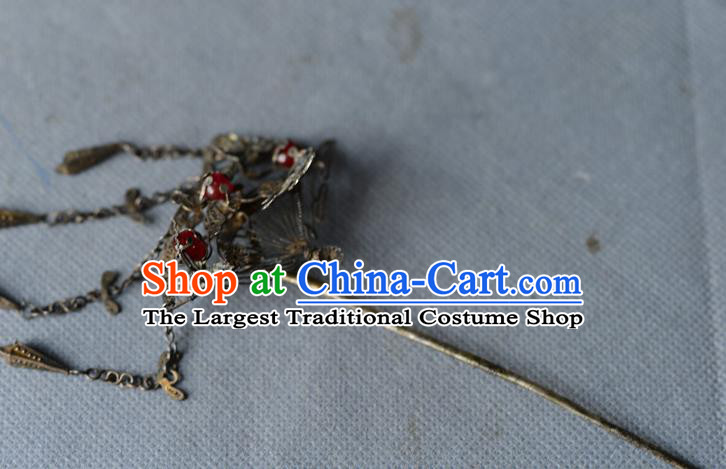 Chinese Traditional Tassel Hair Accessories Handmade Qing Dynasty Silver Hair Stick Ancient Princess Gems Hairpin