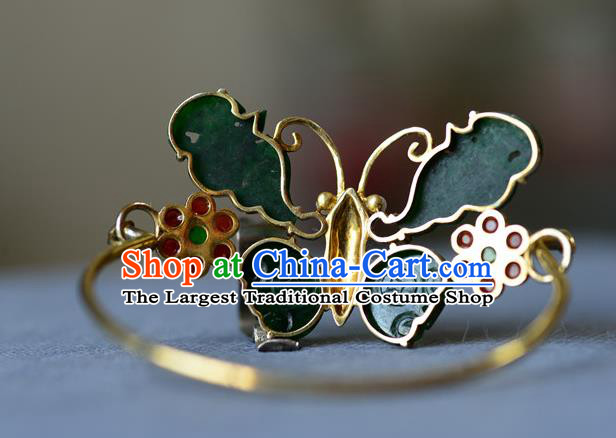 China Handmade Jade Butterfly Bangle Jewelry Qing Dynasty Silver Bracelet Traditional Wristlet Accessories