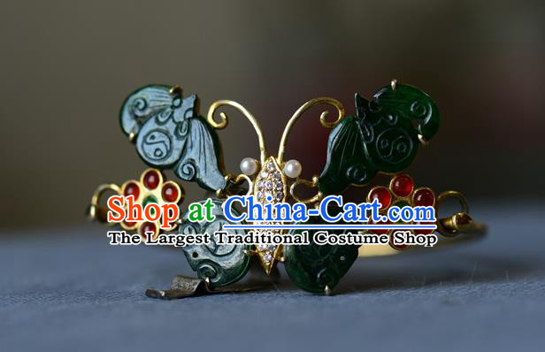 China Handmade Jade Butterfly Bangle Jewelry Qing Dynasty Silver Bracelet Traditional Wristlet Accessories