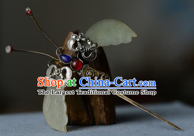 Chinese Traditional Gems Hair Accessories Handmade Qing Dynasty Imperial Consort Jade Hair Stick Ancient Court Woman Silver Butterfly Hairpin