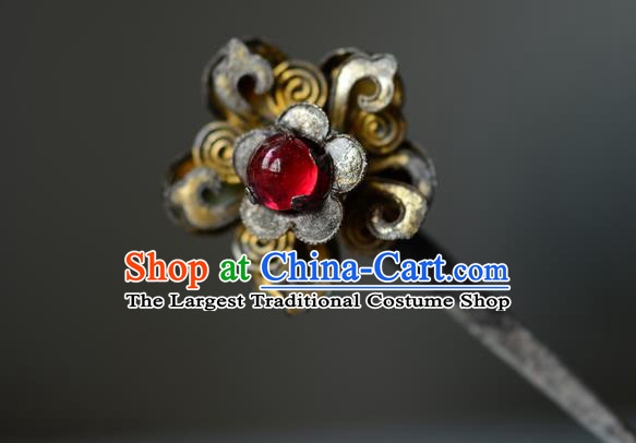 Chinese Traditional Ruby Hair Accessories Handmade Qing Dynasty Court Woman Hair Stick Ancient Palace Lady Silver Hairpin