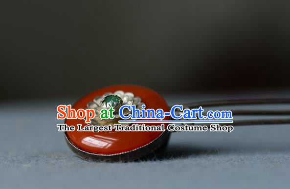Chinese Ancient Palace Lady Silver Hairpin Traditional Hair Accessories Handmade Qing Dynasty Court Woman Agate Hair Comb