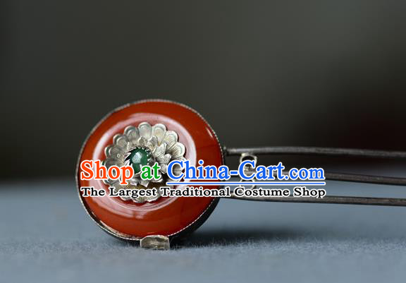 Chinese Ancient Palace Lady Silver Hairpin Traditional Hair Accessories Handmade Qing Dynasty Court Woman Agate Hair Comb