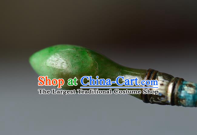Chinese Handmade Qing Dynasty Princess Jade Hair Stick Ancient Palace Lady Silver Hairpin Traditional Cloisonne Hair Accessories