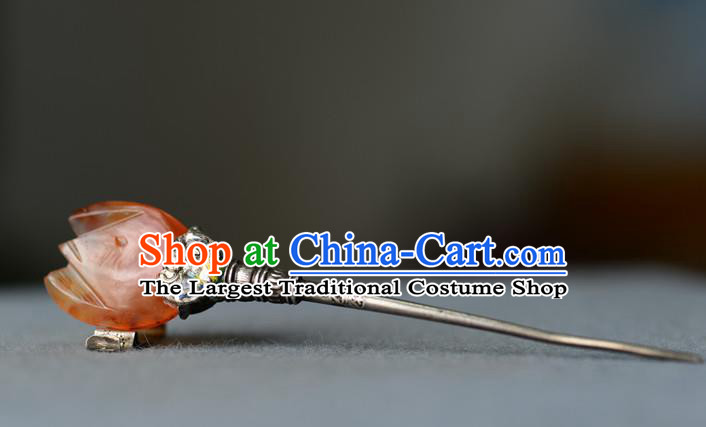 Chinese Handmade Qing Dynasty Court Woman Hair Stick Ancient Imperial Consort Agate Hairpin Traditional Silver Headpiece