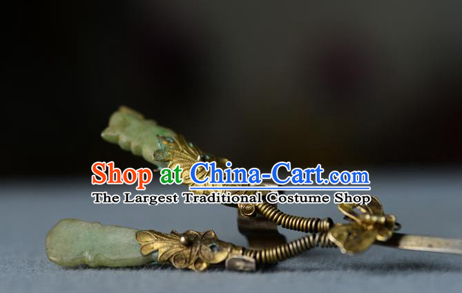 Chinese Ancient Imperial Consort Jade Hairpin Traditional Silver Headpiece Handmade Qing Dynasty Court Woman Hair Stick