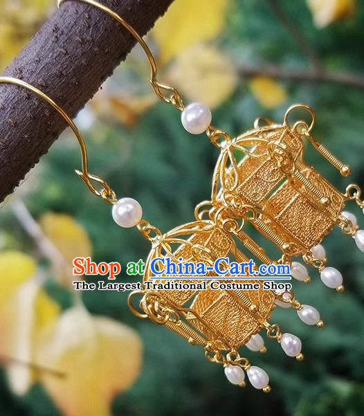 Handmade Chinese Qing Dynasty Empress Ear Accessories National Golden Lantern Earrings Traditional Pearls Eardrop Cheongsam Ear Jewelry