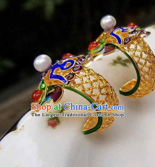 Handmade Chinese Qing Dynasty Court Ear Accessories National Cloisonne Earrings Traditional Filigree Eardrop Cheongsam Pearl Ear Jewelry