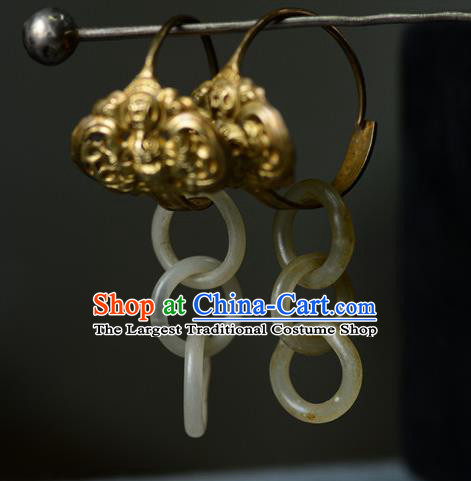 Handmade Chinese National Jade Rings Earrings Traditional Court Eardrop Cheongsam Ear Jewelry Qing Dynasty Silver Ear Accessories