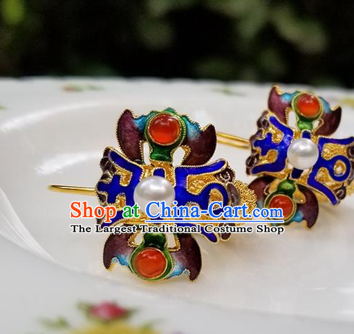 Handmade Chinese Qing Dynasty Court Ear Accessories National Cloisonne Earrings Traditional Filigree Eardrop Cheongsam Pearl Ear Jewelry