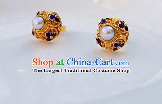 Handmade Chinese Cheongsam Golden Ear Jewelry Qing Dynasty Court Ear Accessories National Cloisonne Earrings Traditional Pearl Eardrop
