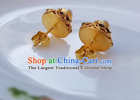 Handmade Chinese Cheongsam Golden Ear Jewelry Qing Dynasty Court Ear Accessories National Cloisonne Earrings Traditional Pearl Eardrop