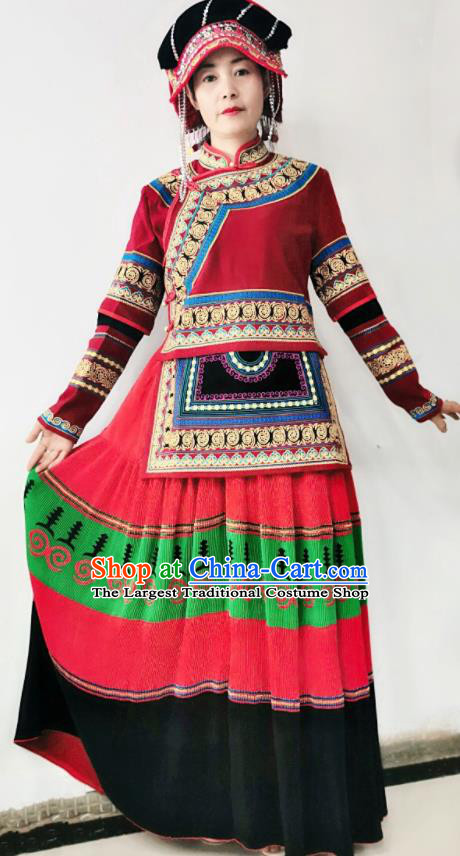 Chinese Yi Ethnic Group Garment Costumes Da Liangshan Nationality Festival Dress National Minority Female Dance Red Uniforms