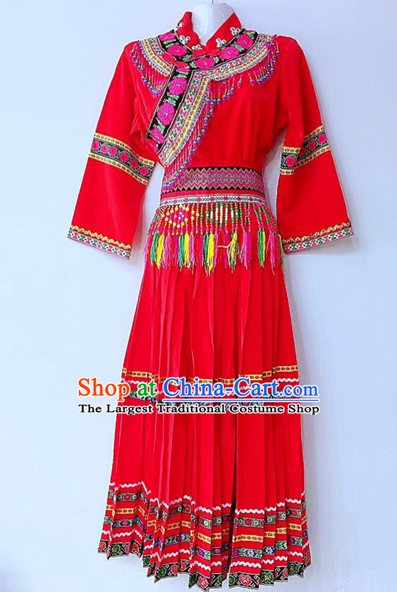 Chinese Lisu National Minority Female Dance Red Uniforms Yi Ethnic Group Garment Costumes Sichuan Nationality Festival Dress