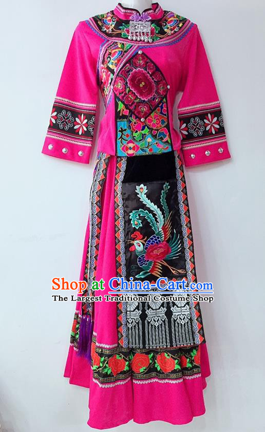 Chinese Yi Ethnic Group Female Garment Costumes Sichuan Nationality Festival Dress Tujia National Minority Wedding Rosy Uniforms