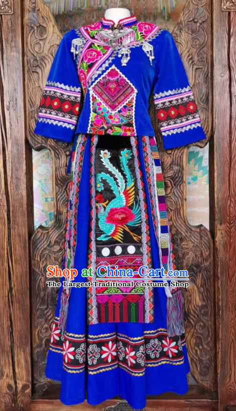 Chinese Tujia Nationality Dance Uniforms Yi Ethnic Group Women Garment Costumes Sichuan Minority Festival Blue Dress