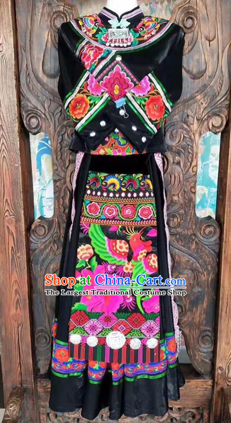 Chinese Yi Ethnic Group Women Garment Costumes Sichuan Minority Festival Black Dress Tujia Nationality Dance Uniforms