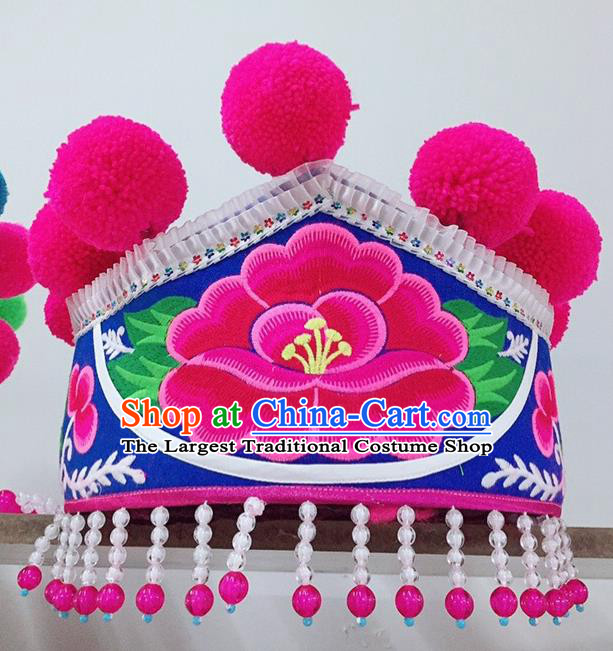 China Yunnan Minority Stage Performance Headdress Ethnic Woman Blue Hat Yi Nationality Dance Embroidered Headwear