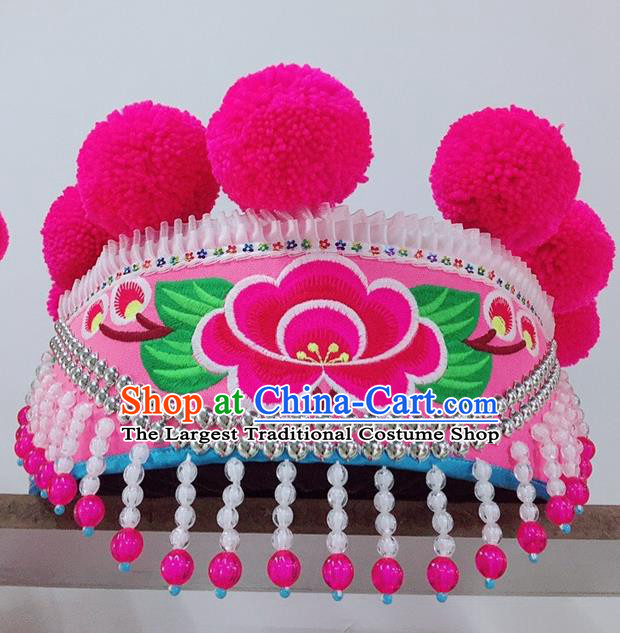 China Yi Nationality Dance Embroidered Headwear Yunnan Minority Stage Performance Headdress Ethnic Woman Pink Hat