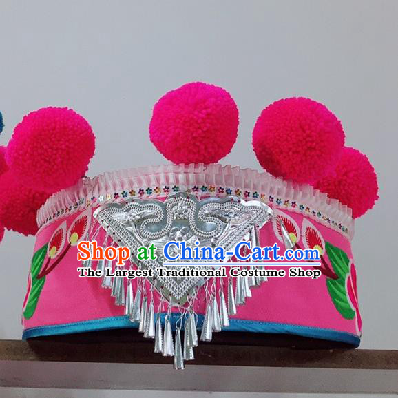 China Yi Nationality Dance Embroidered Headwear Yunnan Minority Stage Performance Headdress Ethnic Woman Pink Hat