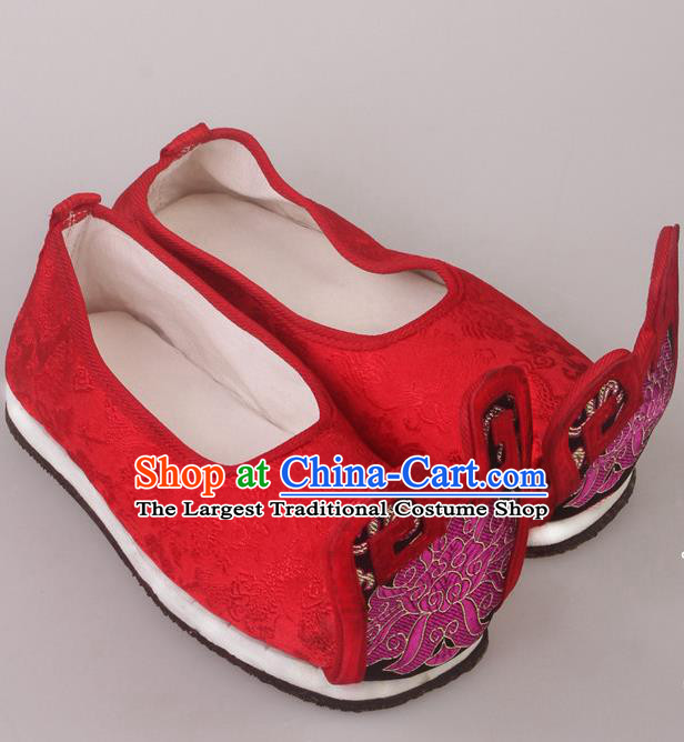 China Ancient Wedding Bridegroom Red Satin Shoes Tang Dynasty Male Shoes Beijing Opera Xiaosheng Shoes