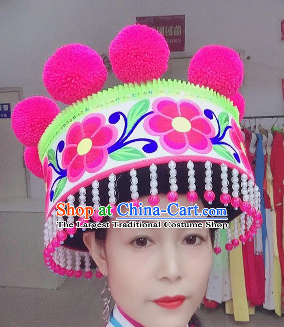China Ethnic Woman White Hat Yi Nationality Dance Embroidered Headwear Yunnan Minority Stage Performance Headdress