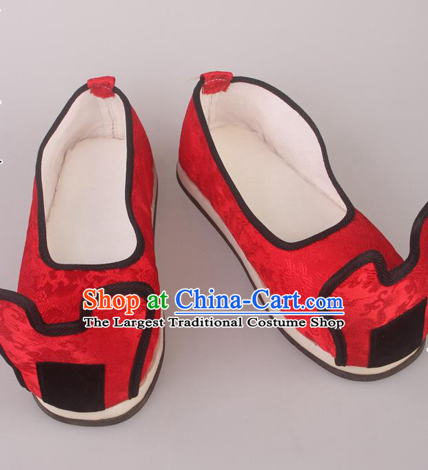 China Beijing Opera Scholar Shoes Ancient Bridegroom Red Satin Shoes Tang Dynasty Male Shoes Wedding Shoes