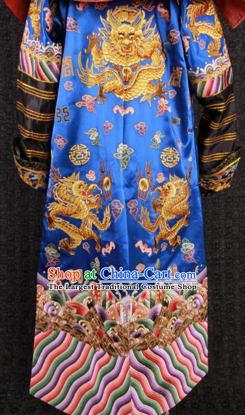 China Traditional Embroidered Royalblue Dragon Robe Clothing Qing Dynasty Official Uniforms Ancient Manchu Royal Highness Garment Costumes and Hat