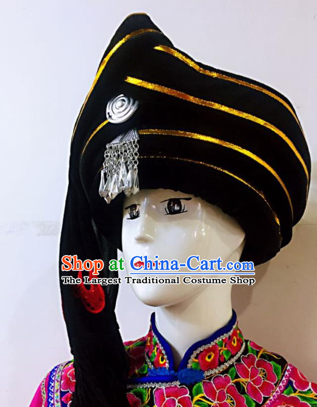 China Ii Nationality Folk Dance Headdress Lisu Minority Stage Performance Headwear Yunnan Ethnic Male Black Hat