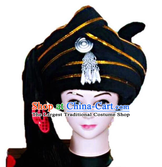 China Ii Nationality Folk Dance Headdress Lisu Minority Stage Performance Headwear Yunnan Ethnic Male Black Hat