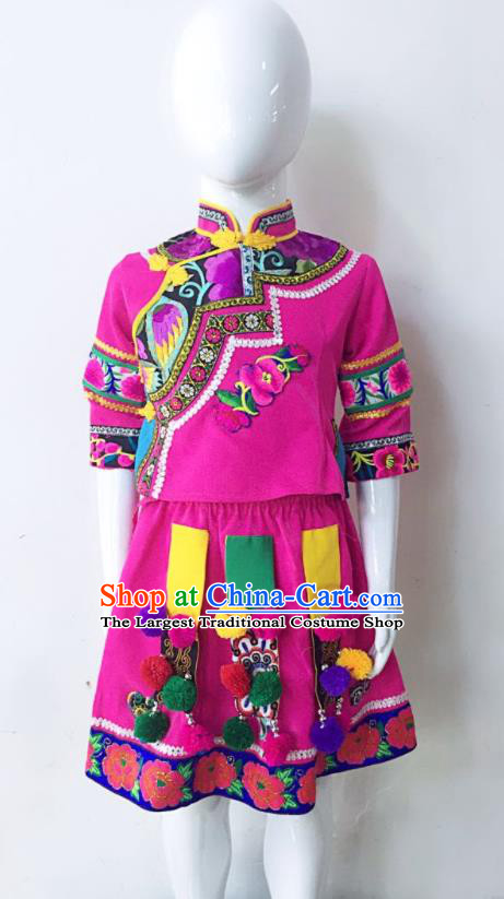 Chinese Hani Minority Children Clothing Yao Nationality Girl Rosy Dress Uniforms Yunnan Ethnic Group Performance Garment Costumes