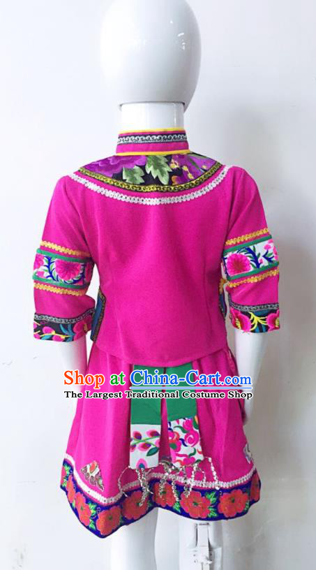 Chinese Hani Minority Children Clothing Yao Nationality Girl Rosy Dress Uniforms Yunnan Ethnic Group Performance Garment Costumes