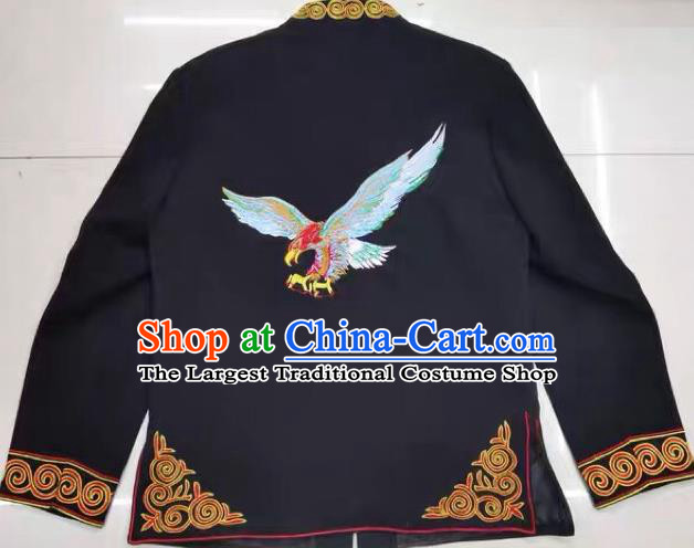 China Ethnic Costume Yi Minority Male Outer Garment Sichuan Nationality Dance Embroidered Black Jacket