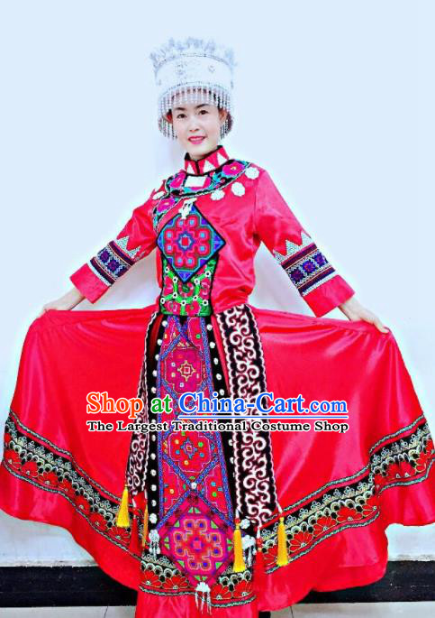 Chinese Xiangxi Ethnic Group Women Garment Costumes Qiang Minority Dance Clothing Yi Nationality Bride Red Uniforms