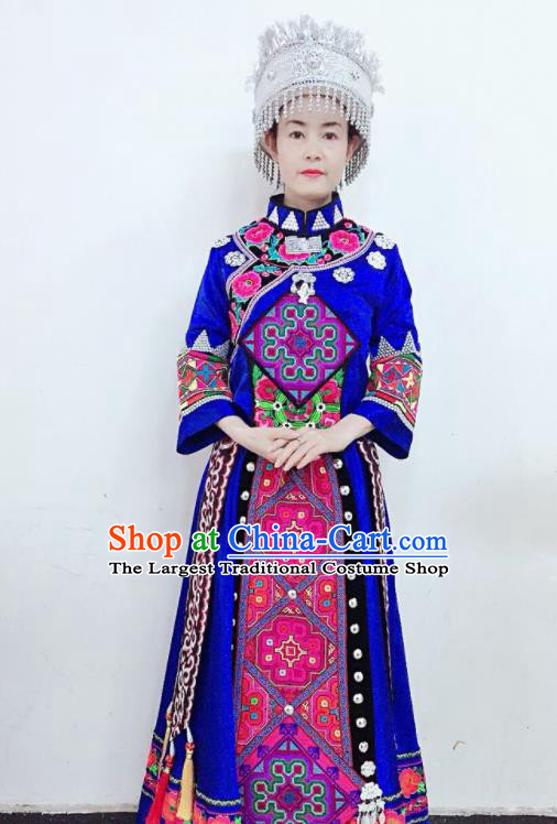 Chinese Yi Nationality Bride Blue Uniforms Xiangxi Ethnic Group Women Garment Costumes Qiang Minority Dance Clothing