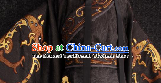 China Traditional Embroidered Black Imperial Robe Clothing Qin Dynasty Emperor Uniforms Ancient Royal King Garment Costumes and Headpiece