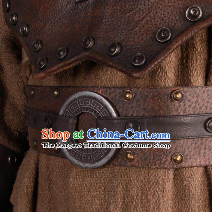 China Yuan Dynasty Soldier Brown Uniforms Ancient Warrior Garment Costumes Traditional Mongolian General Armor Clothing