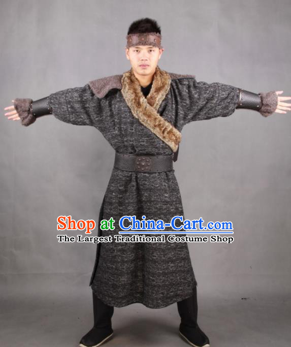 China Traditional Mongolian General Grey Robe Clothing Yuan Dynasty Soldier Uniforms Ancient Warrior Garment Costumes
