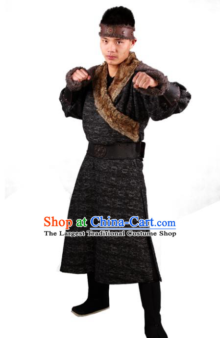 China Traditional Mongolian General Grey Robe Clothing Yuan Dynasty Soldier Uniforms Ancient Warrior Garment Costumes