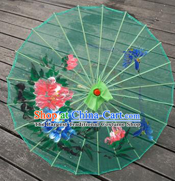 Chinese Painting Peony Umbrella Classical Dance Umbrellas Handmade Green Silk Umbrella Traditional Hanfu Prop Bumbershoot